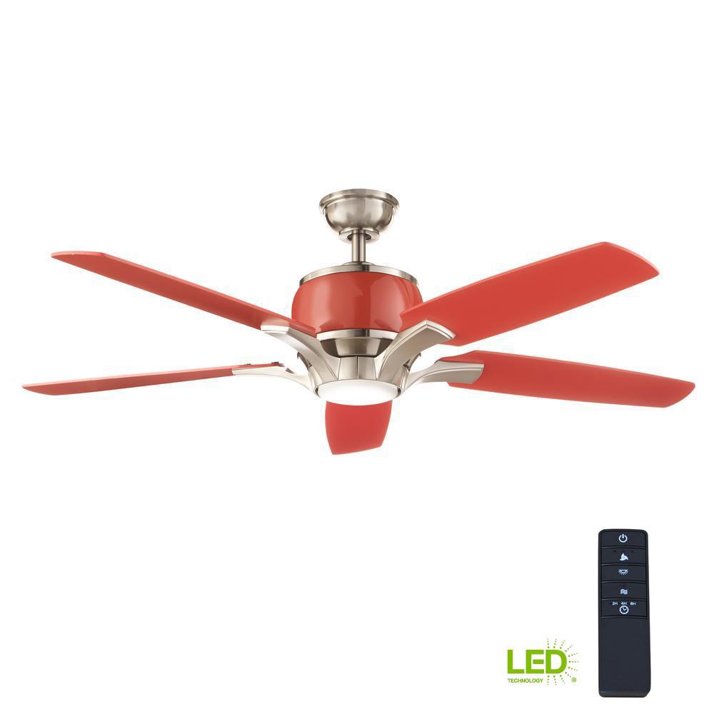 Home Decorators Collection Raymont 52 In Integrated Led Indoor Brushed Nickel And Red Ceiling Fan With Light Kit And Remote Control