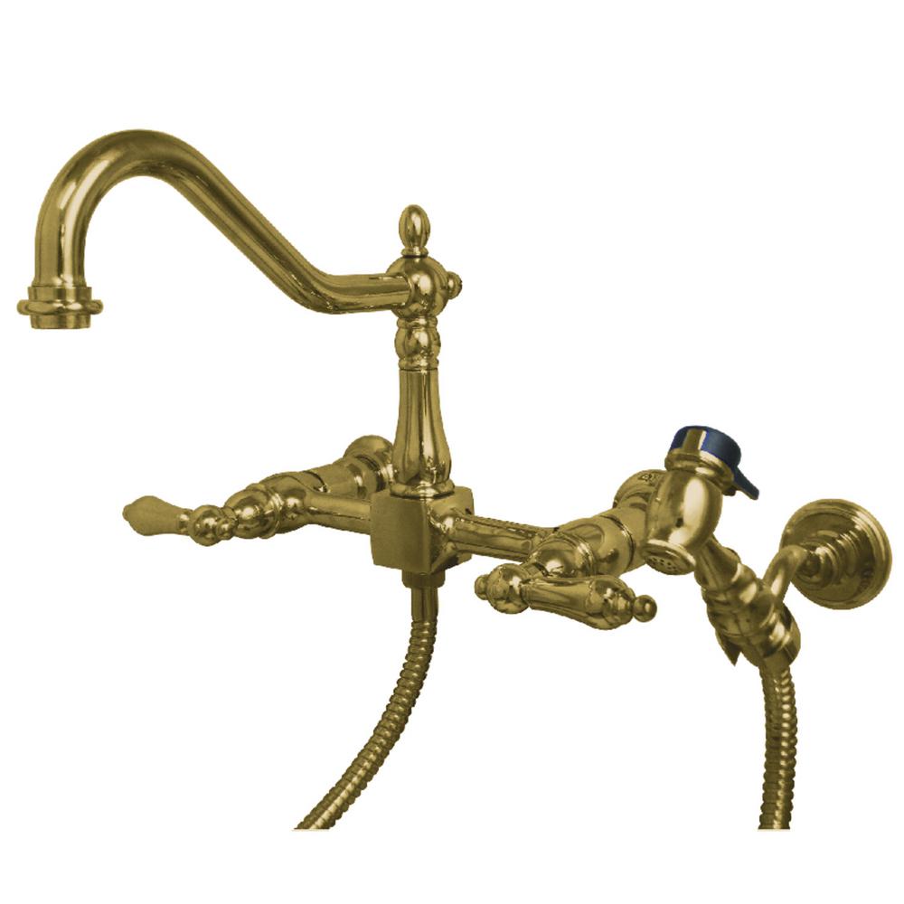 Kingston Brass Heritage 2 Handle Wall Mount Standard Kitchen Faucet Heritage 2 Handle Wall Mount Standard Kitchen Faucet With Side Sprayer In Polished Brass