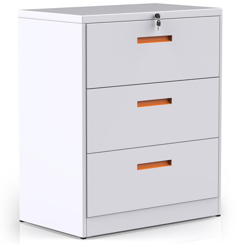 Boyel Living White And Orange 3 Drawers Metal Lateral File Cabinet With Lock Ly Wf192110kaa The Home Depot