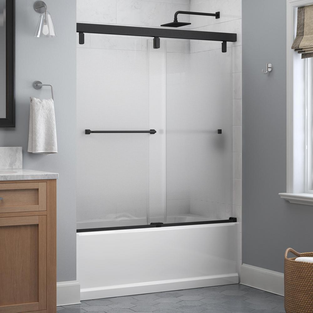 Delta Everly 60 In X 59 1 4 Mod Semi Frameless Sliding Bathtub Door Matte Black And 6mm Droplet Glass Sd4511075 The Home Depot - Frosted Glass Shower Door For Tub Delta Everly 60 In X 59 1 4 Mod Semi Frameless Sliding Bathtub Door Matte Black And 6mm Droplet Glass Sd4511075 The Home Depot - Frosted Glass Shower Door For Tub