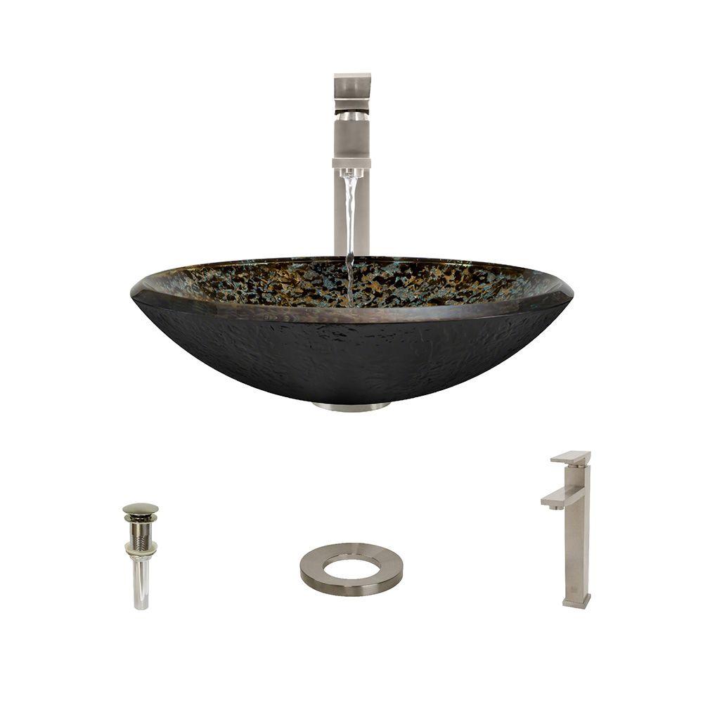 MR Direct Glass Vessel Sink in Gold Foil with Waterfall Faucet and Pop