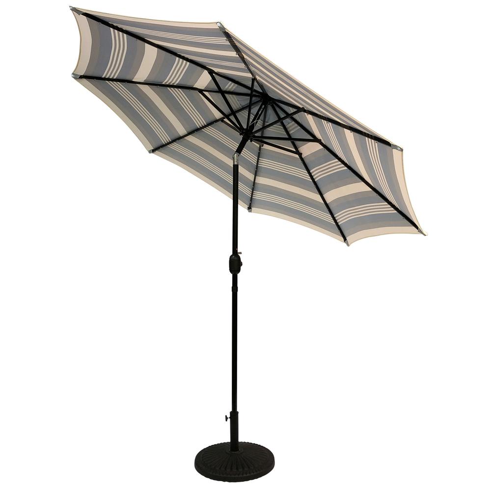 Sun Ray 9 Ft Steel Solar Lighted 8 Rib Round Market Patio Umbrella In Navy Striped 841006 The Home Depot