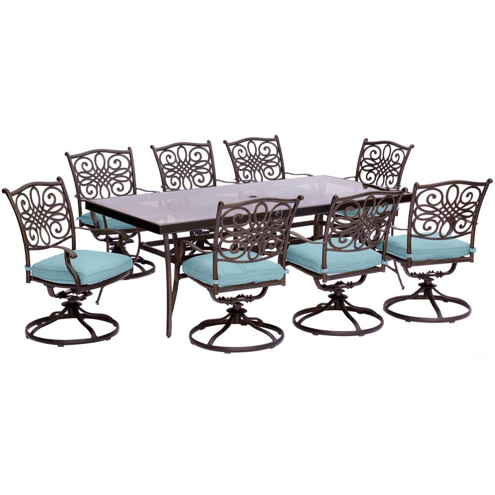 Cambridge Seasons 9 Piece Aluminum Outdoor Dining Set With Blue Cambridge Seasons 9 Piece Aluminum Outdoor Dining Set With Blue Cushions Extra Large Glass
