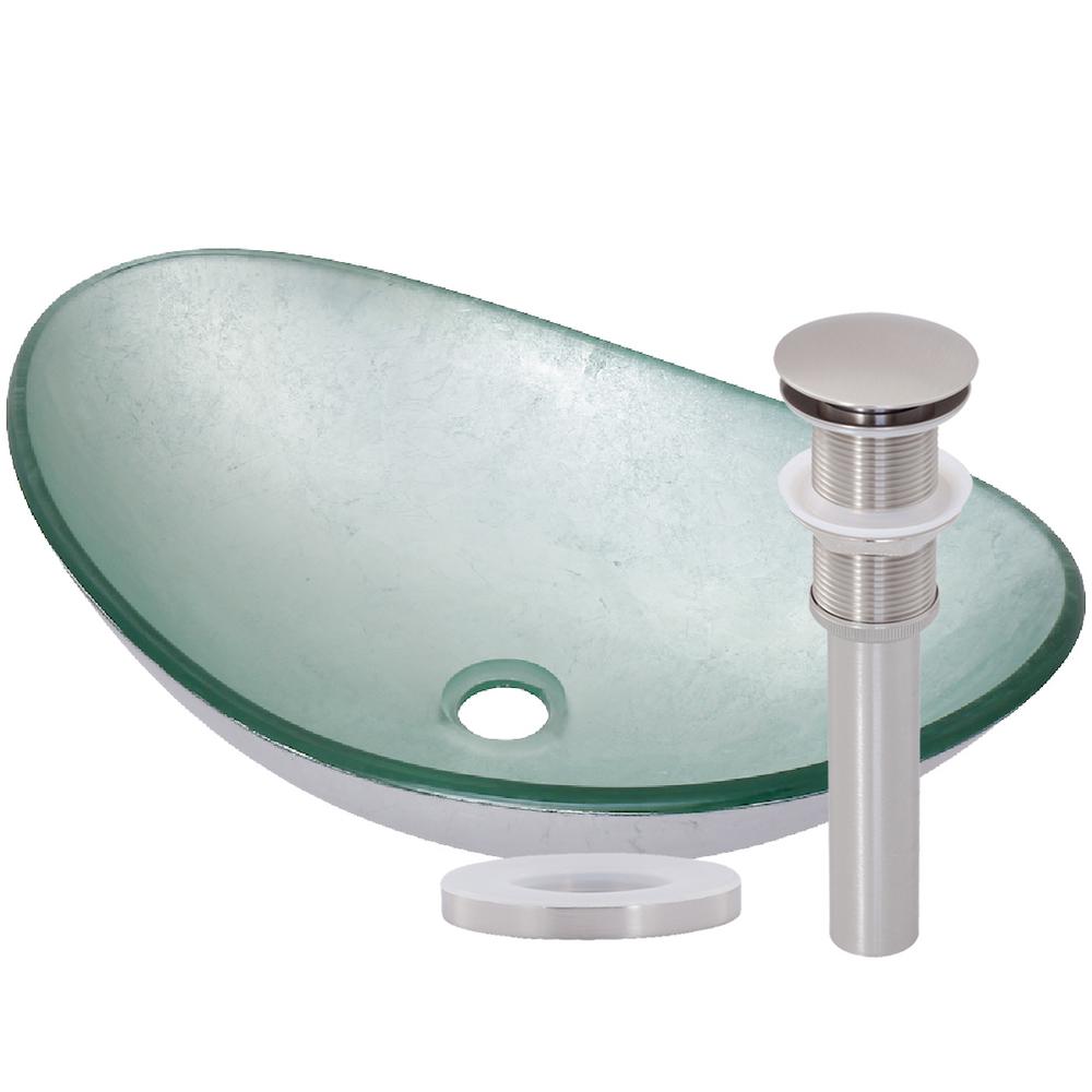 Argento Oval Glass Vessel Sink in Foiled Silver with Drain in Brushed