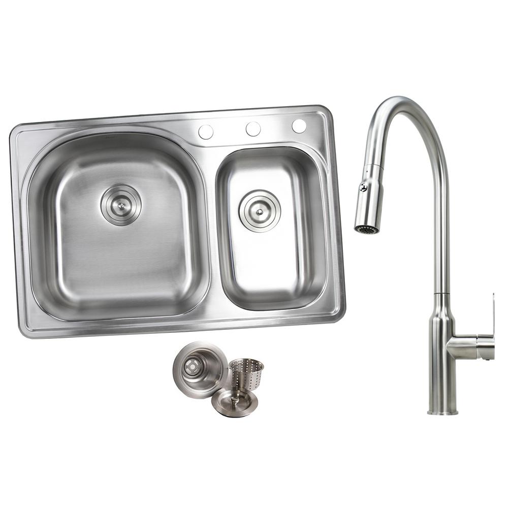 Emoderndecor Topmount Drop In Stainless Steel 33 In X 22 In 3 Hole 70 30 Offset Double Bowl Kitchen Sink And Faucet Combo