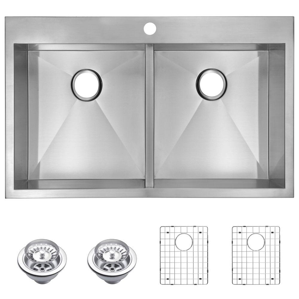Water Creation Drop In Zero Radius Stainless Steel 33 In 1 Hole Double Bowl Kitchen Sink With Strainer And Grid In Satin