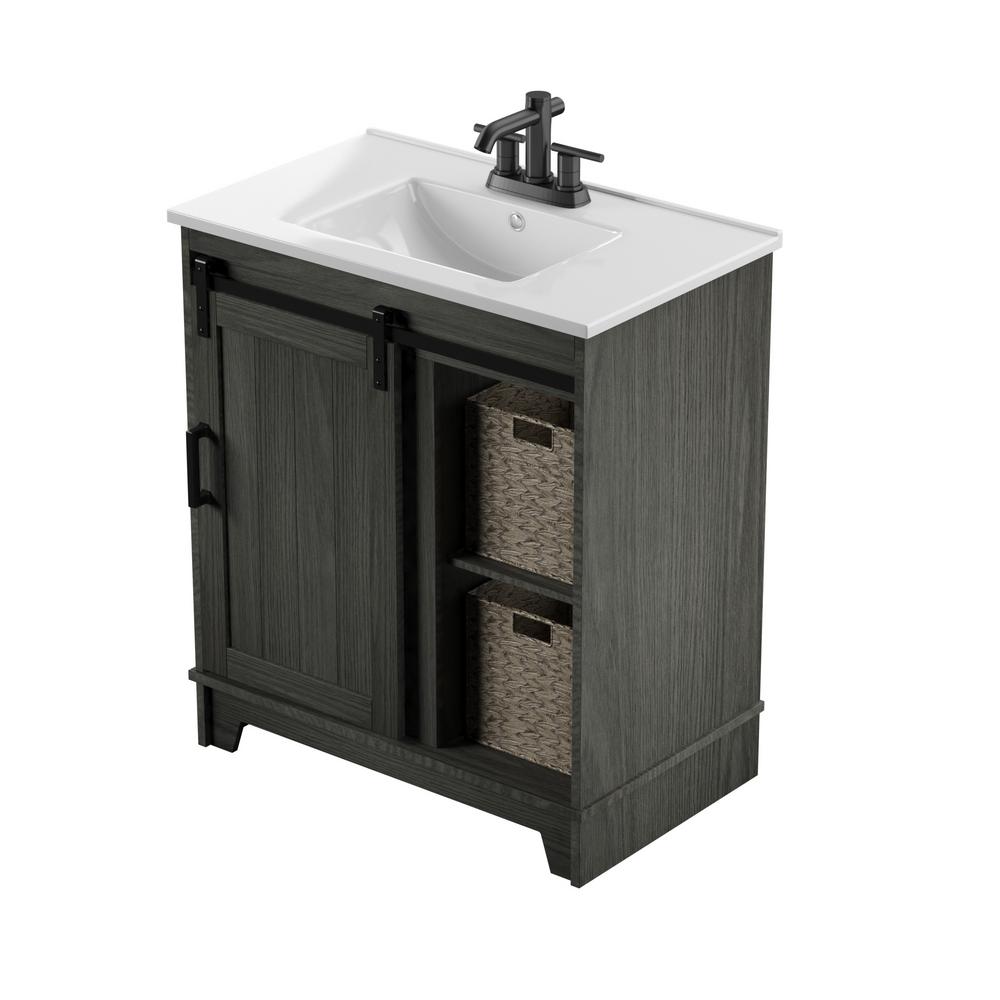 Twin Star Home 30 In D X 18 In W X 34 In Barn Door Bath Vanity In Geneva Oak W Vanity Top In White And White Basin 30bv34004 Po130 The Home Depot