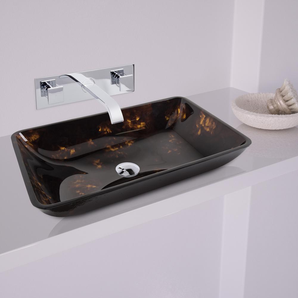 Vigo Rectangular Glass Vessel Bathroom Sink In Brown Gold Fusion With Wall Mount Faucet Set In Chrome