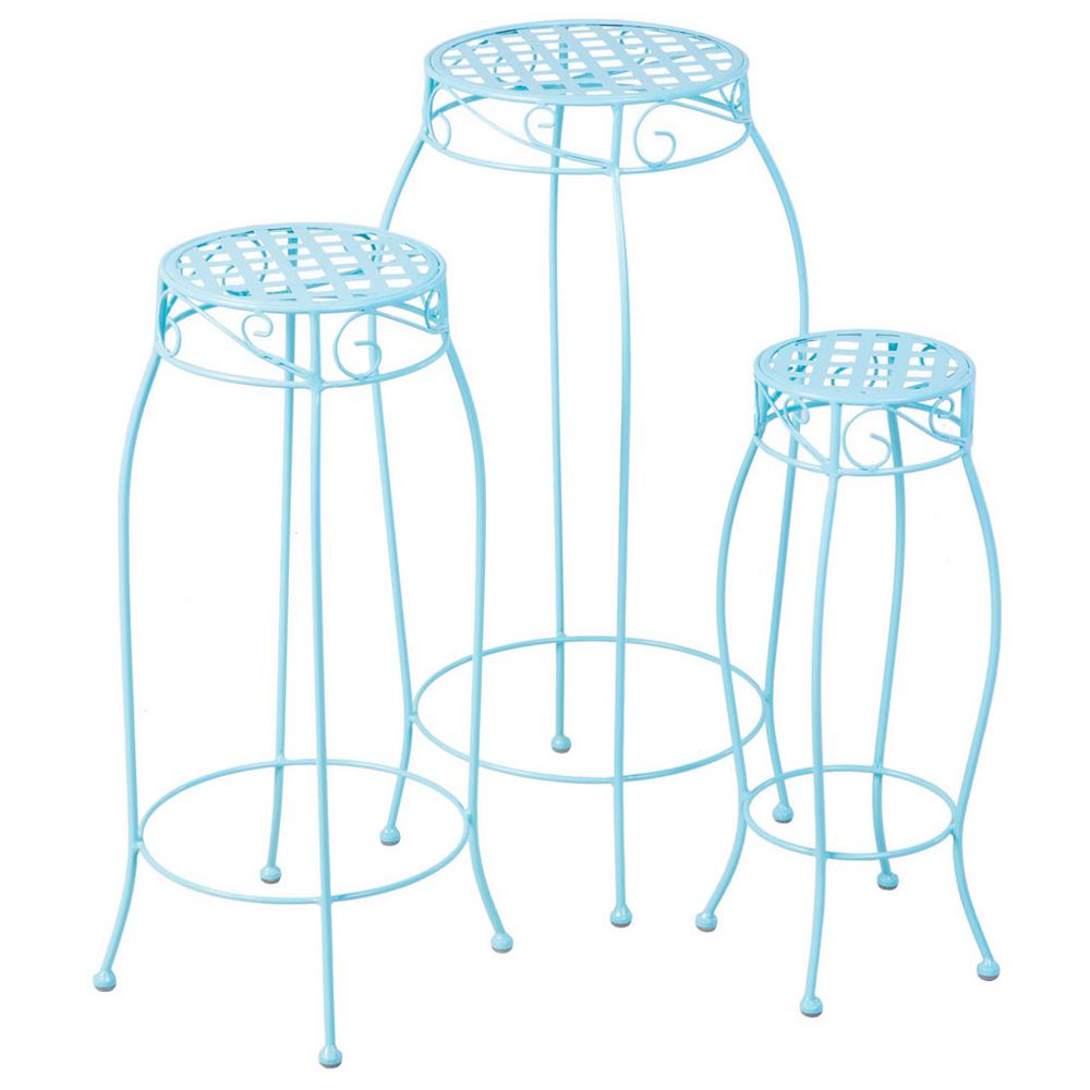 Cottage Plant Stands Planters The Home Depot Martini Round Iron Coated Plant Stand In Sky Blue Finish 3 Set