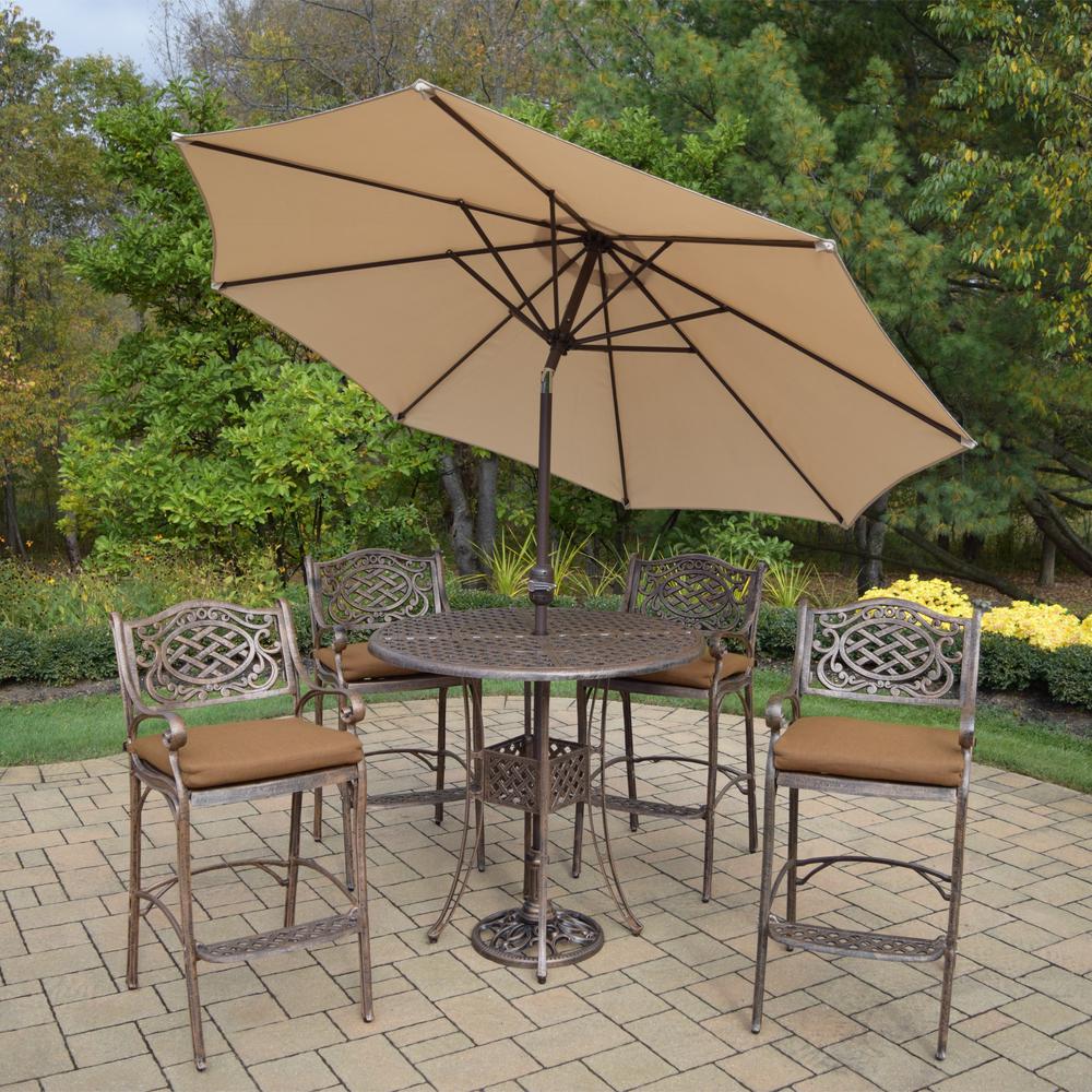 Elite Mississippi 7 Piece Aluminum Outdoor Bar Height Dining Set With Sunbrella Brown Cushions And Beige Umbrella