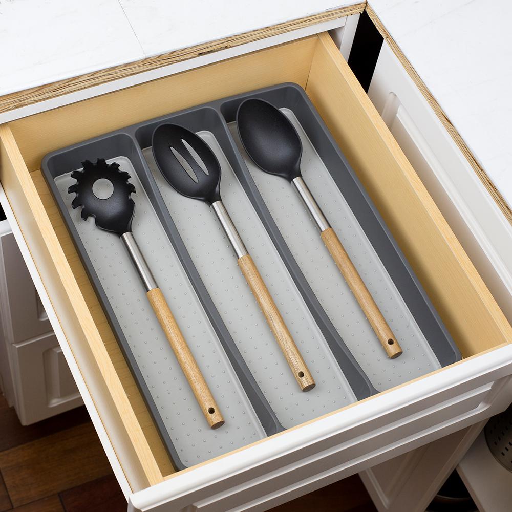 Home Basics Utensil Holders Countertop Storage The Depot Light Grey Plastic Flatware Organizer With Rubber Line