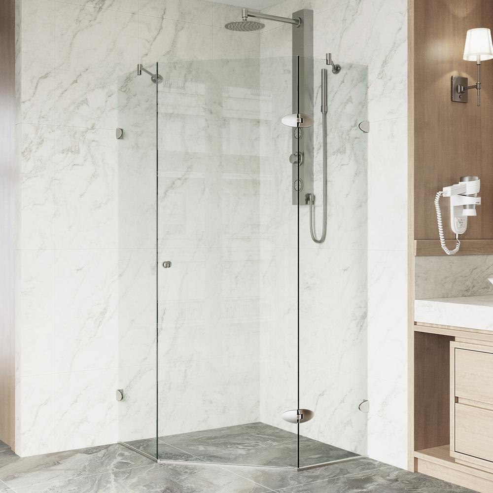 VIGO Verona 34.125 in. x 73.375 in. Frameless Neo-Angle Hinged Corner Shower Enclosure in Brushed Nickel with Clear Glass