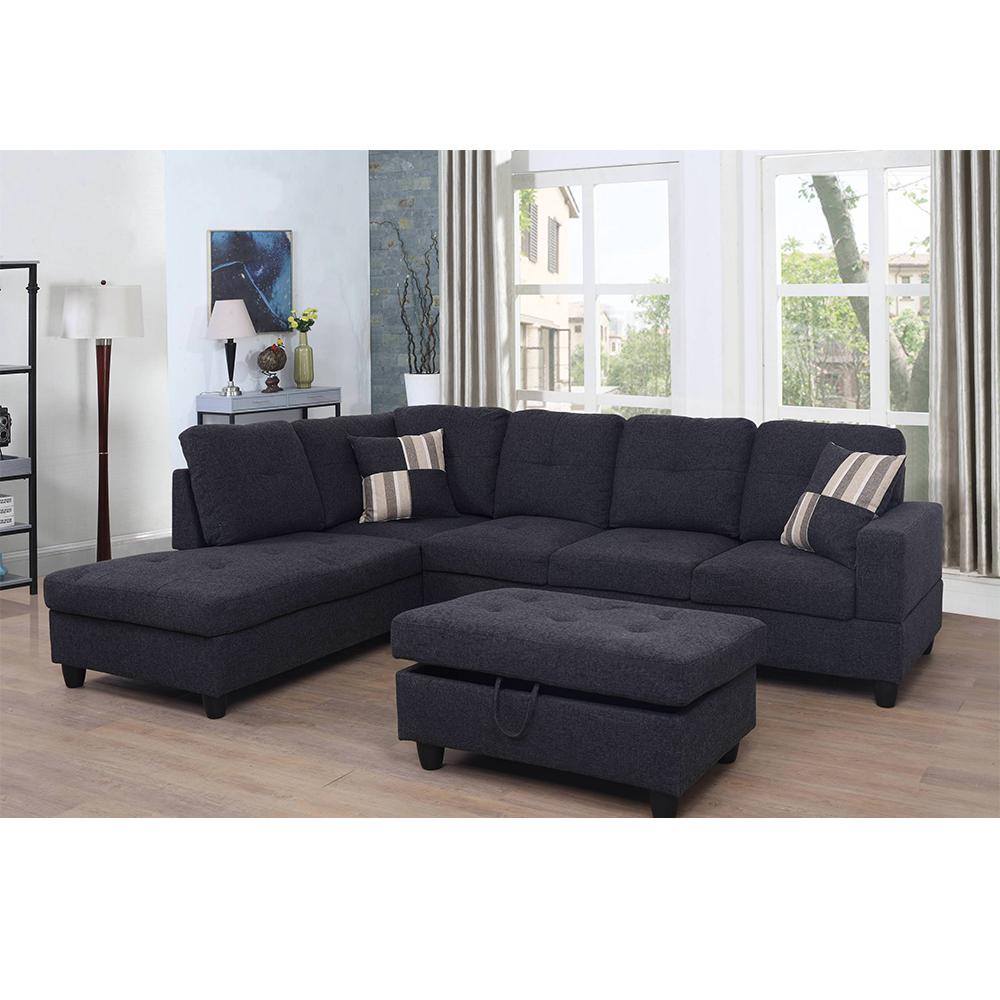 Star Home Living 3 Piece Jet Black Linen 4 Seater L Shaped Left Facing Chaise Sectional Sofa With Ottoman F125a The Home Depot