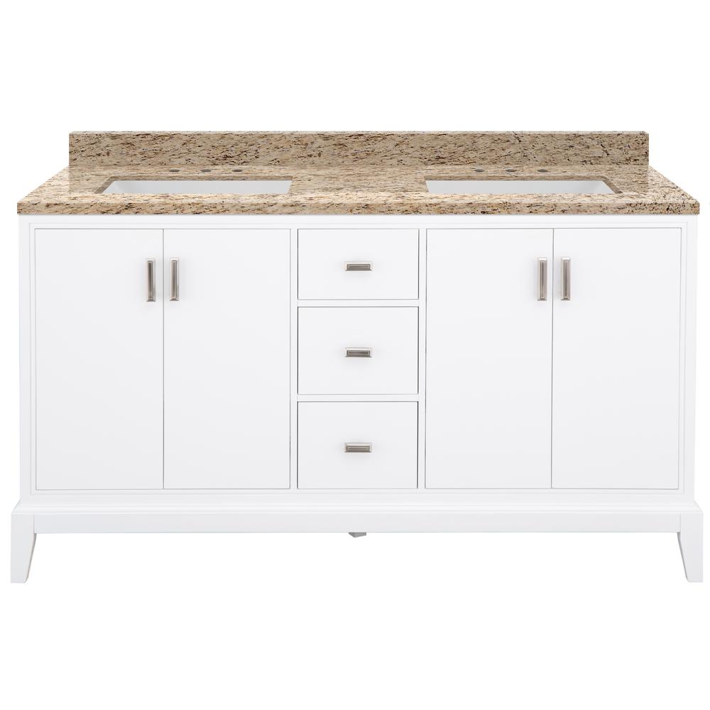 Home Decorators Collection Shaelyn 61 in. W x 22 in. Bath Vanity in White with Granite Vanity Top in Giallo with White Sinks was $1799.0 now $1259.3 (30.0% off)