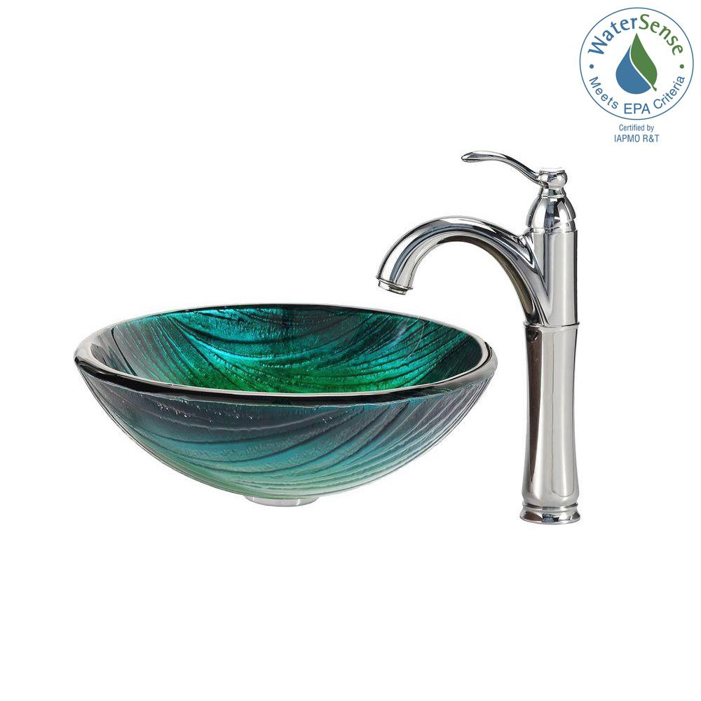 KRAUS Nei Glass Vessel Sink in Green with Riviera Faucet in ChromeCGV