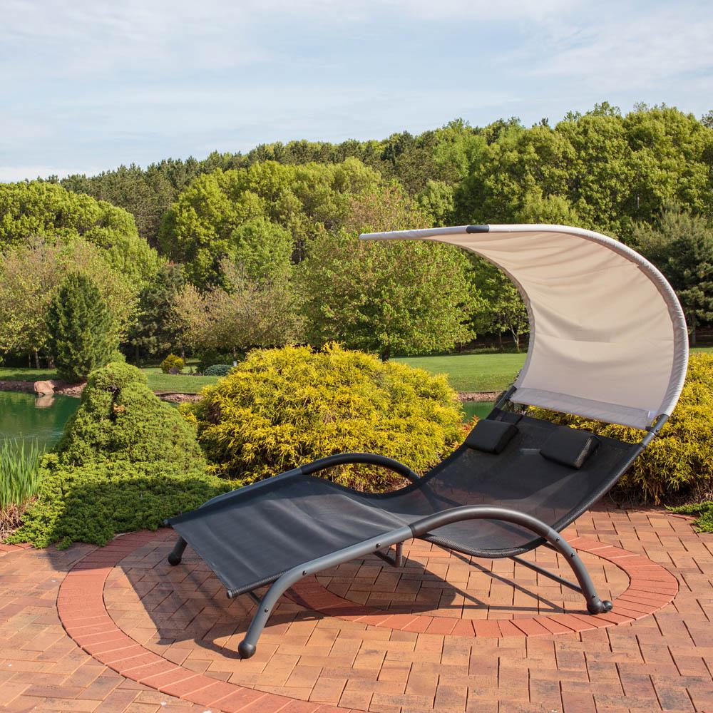 Black Steel Outdoor Double Lounge Chair With Canopy And Pillows Black Steel Outdoor Double Lounge Chair With Canopy And Pillows