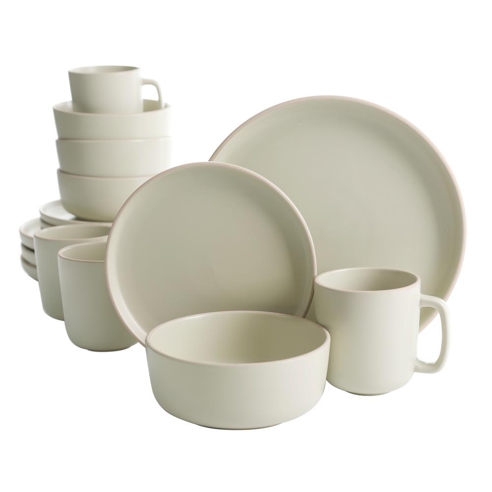 (INCOMPLETE) Gibson Home Zuma 16 Piece Round Kitchen Dinnerware Set  Dishes  Plates  Bowls  Mugs  Service for 4  Matte Stoneware  Cream