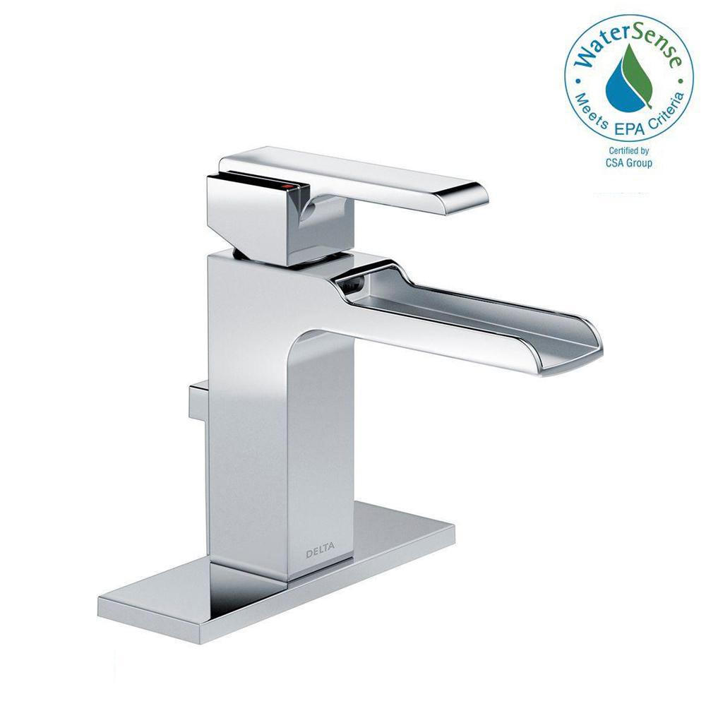 Delta Ara Single Hole Single-Handle Open Channel Spout Bathroom Faucet with Metal Drain Assembly