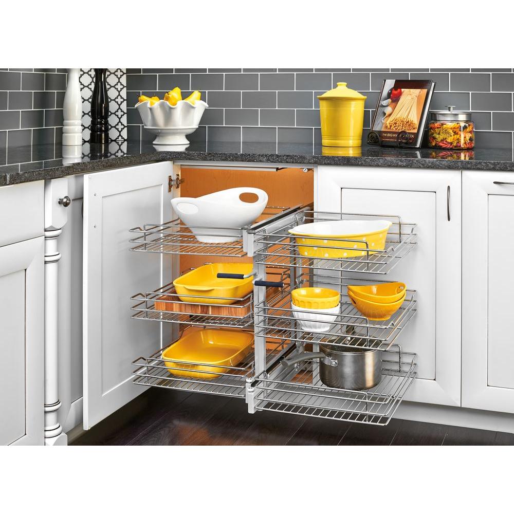 Rev-A-Shelf 18 in. Corner Cabinet Pull-Out Chrome 3-Tier Wire Basket Organizer with Soft-Close ...