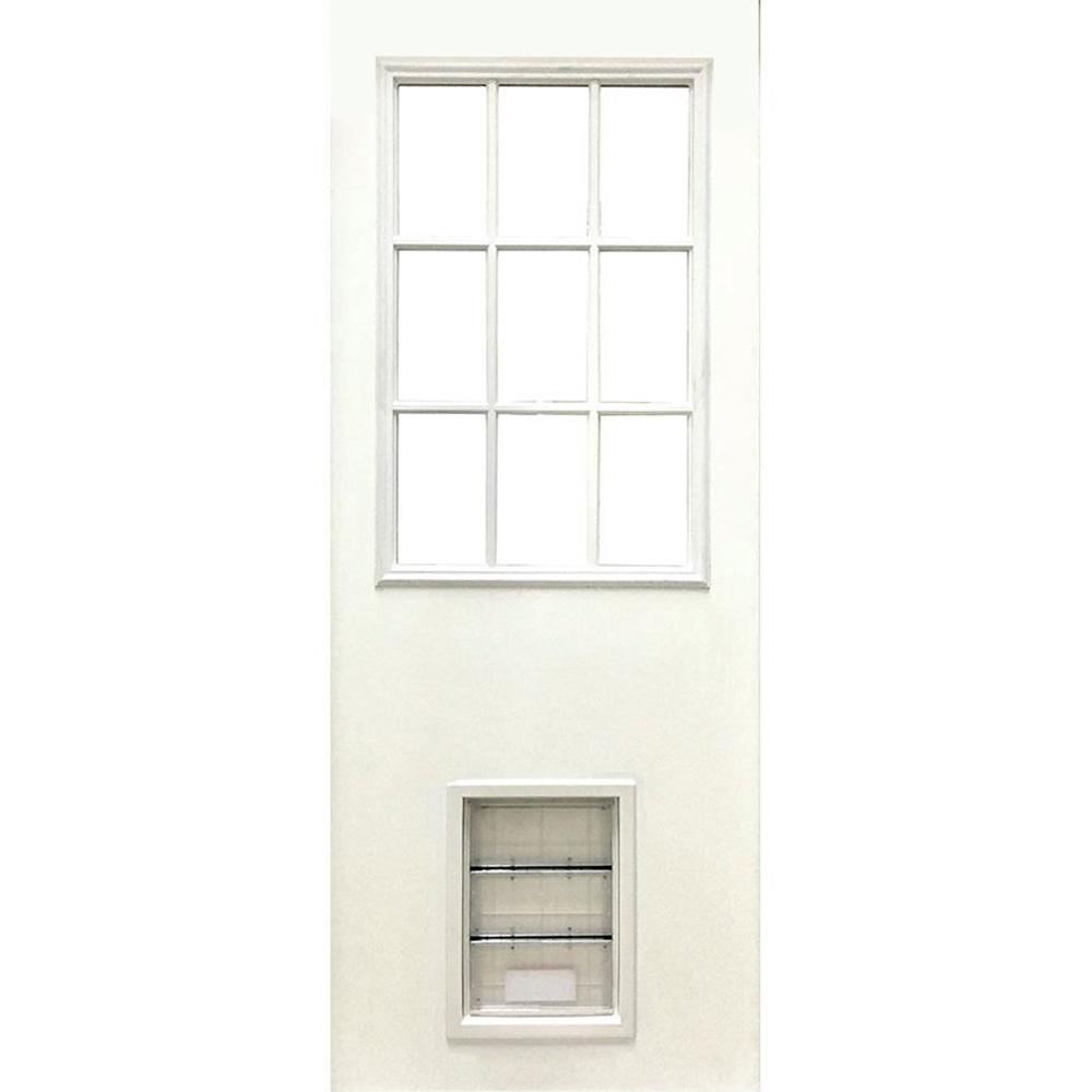 31 3 4 In X 79 In Clear 9 Lite White Primed Fiberglass Front Door Slab With Extra Large Pet Door