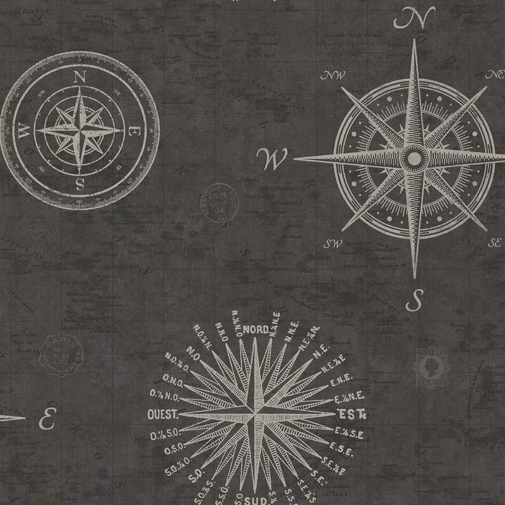 beacon house 56 4 sq ft navigate charcoal vintage compass wallpaper 2604 21215 the home depot the home depot
