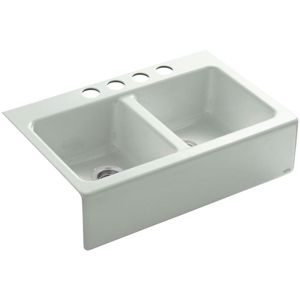 KOHLER Hawthorne Farmhouse ApronFront Cast Iron 33 in. 4Hole Double Basin Kitchen Sink in Sea
