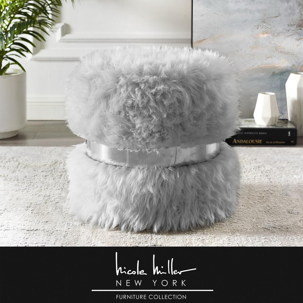 Nicole Miller Hassan Grey/Silver Faux Fur Round Ottoman NON13604GRHD