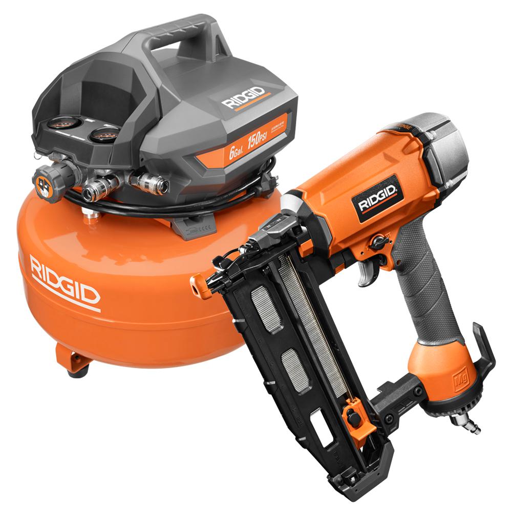 RIDGID 16-Gauge Straight Finish Nailer + 6 Gal. Pancake Compressor ...