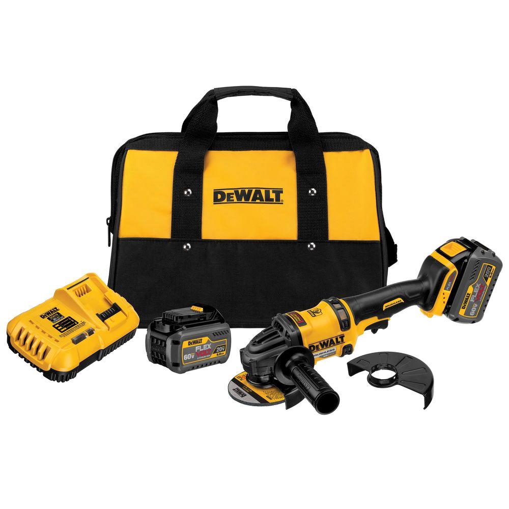 DEWALT FLEXVOLT 60-Volt MAX Lithium-Ion Cordless Brushless 4-1/2 in. Angle Grinder with (2) Batteries 2Ah, Charger and Bag