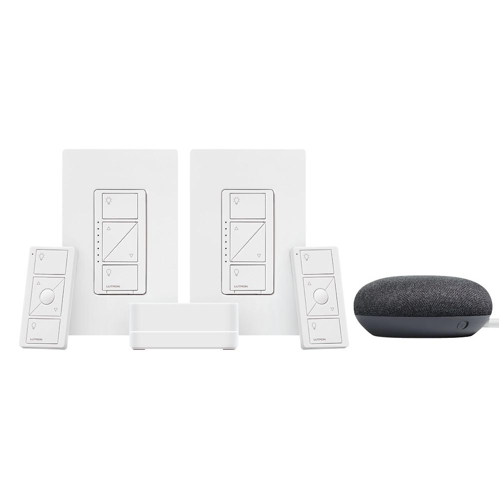 Lutron Caseta Smart Lighting Dimmer Switch (2 Count) Starter Kit w/ Google Mini Charcoal (CASETA2W-GMCHCL)