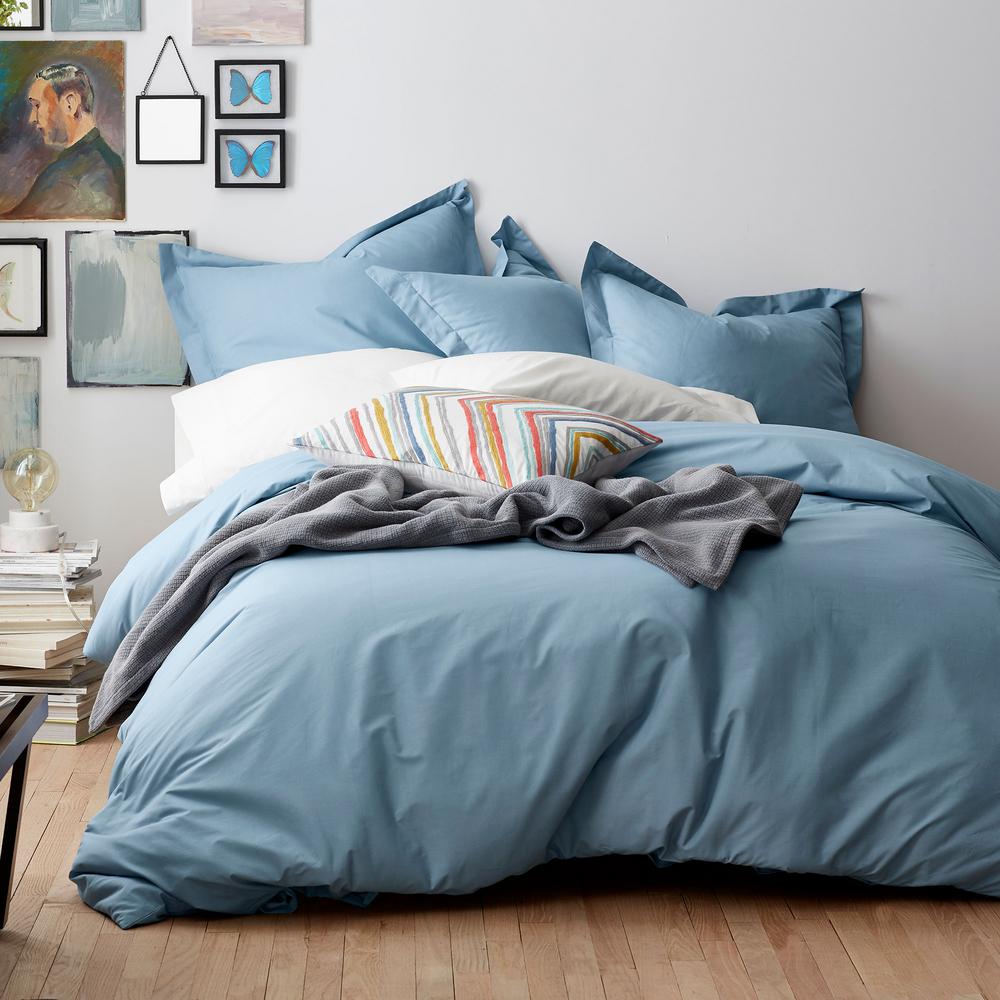 3 Piece Dusty Blue Organic Percale Full Duvet Cover Set