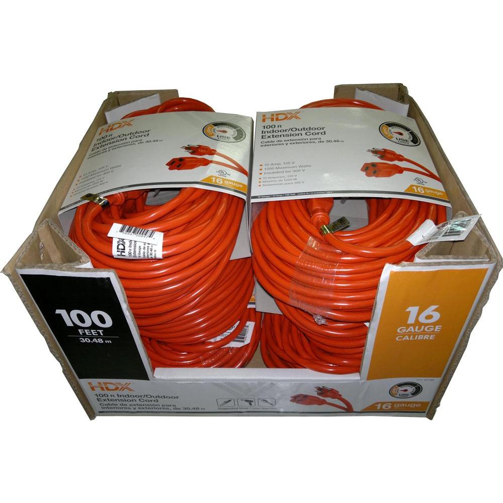 100 ' Extension Cord HDX Indoor Outdoor Orange Home Electric Power