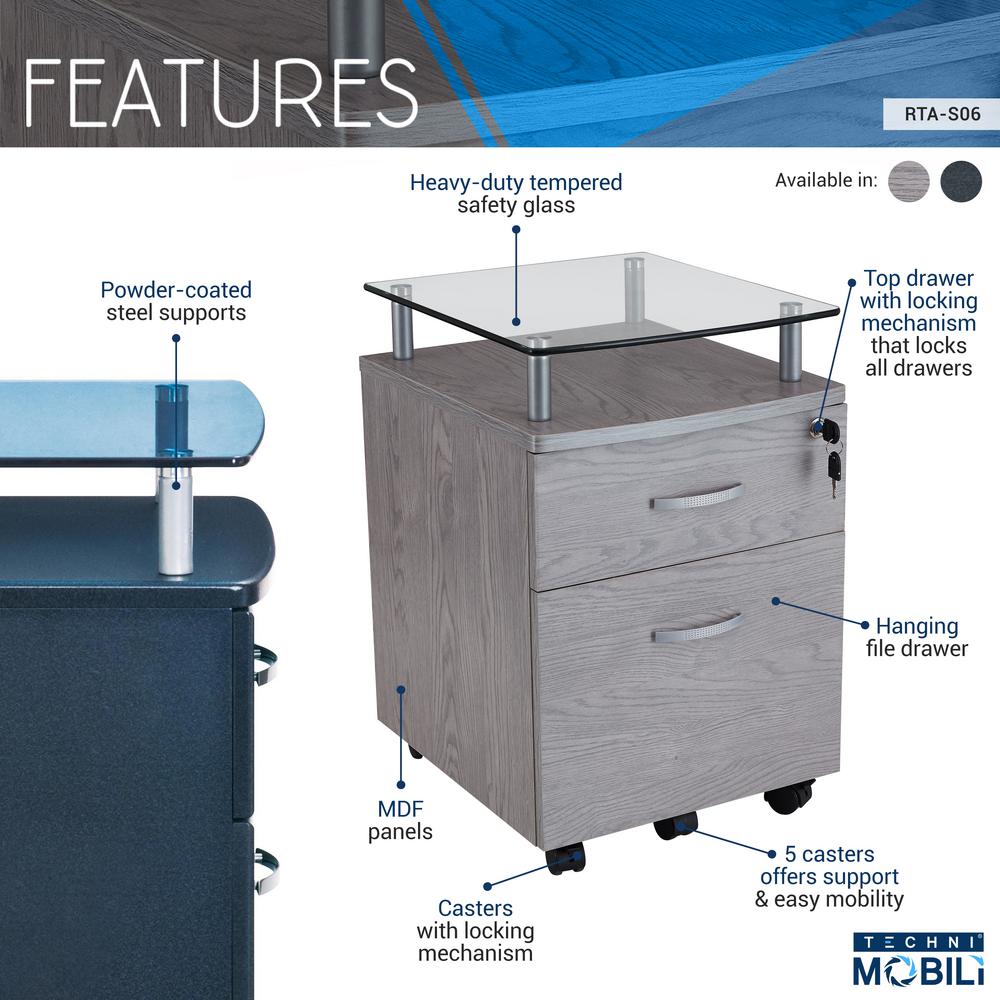 Techni Mobili Gray Rolling File Cabinet With Glass Top Rta S06 Gry Techni Mobili Gray Rolling File Cabinet