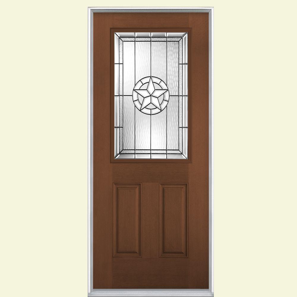 Masonite 36 In X 80 Texas Star 1 2 Lite Right Hand Carmel Fir Texas Star 1 2 Lite Right Hand Carmel Fir Grain Finished Fiberglass Prehung Front Door No Brickmold