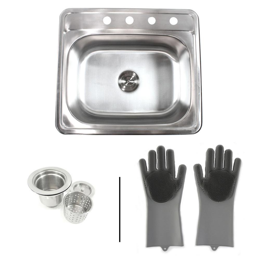 Emoderndecor Topmount Drop In 18g Stainless Steel 25 In X 22 In 4 Faucet Hole Single Bowl Kitchen Sink W Silicone Gloves Strainer Alts 2522 Sgy The Home Depot