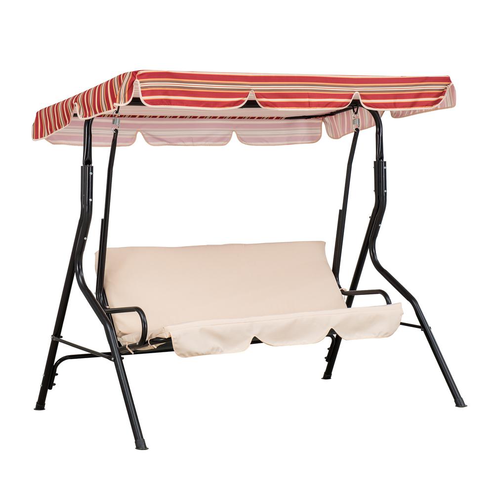 Sunjoy Bonsallo 3Seat Black Metal Porch Patio Swing with Tan Red