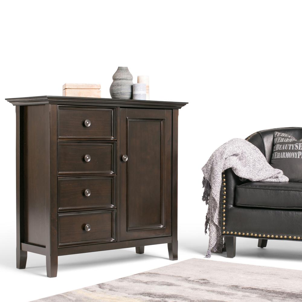 Simpli Home Amherst Solid Wood 37 In Wide Transitional Medium Storage Cabinet In Dark Brown Int Axcamh Med Dab The Home Depot