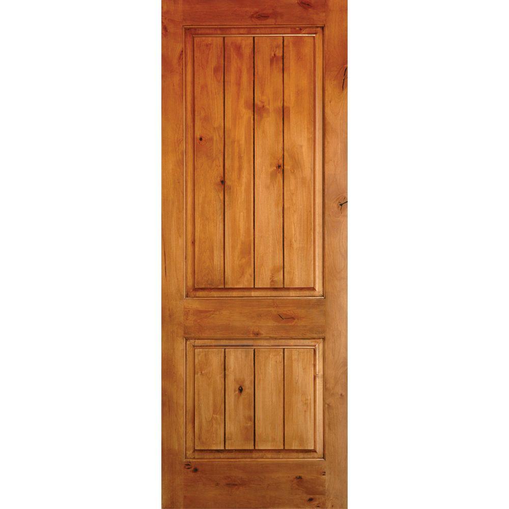 32 In X 96 In Knotty Alder 2 Panel Square Top V Groove Solid Wood Left Hand Single Prehung Interior Door