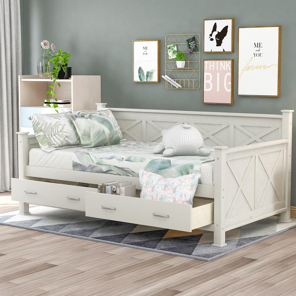 Harper And Bright Designs White Twin Size Daybed With 2 Large Drawers And X Shaped Frame 