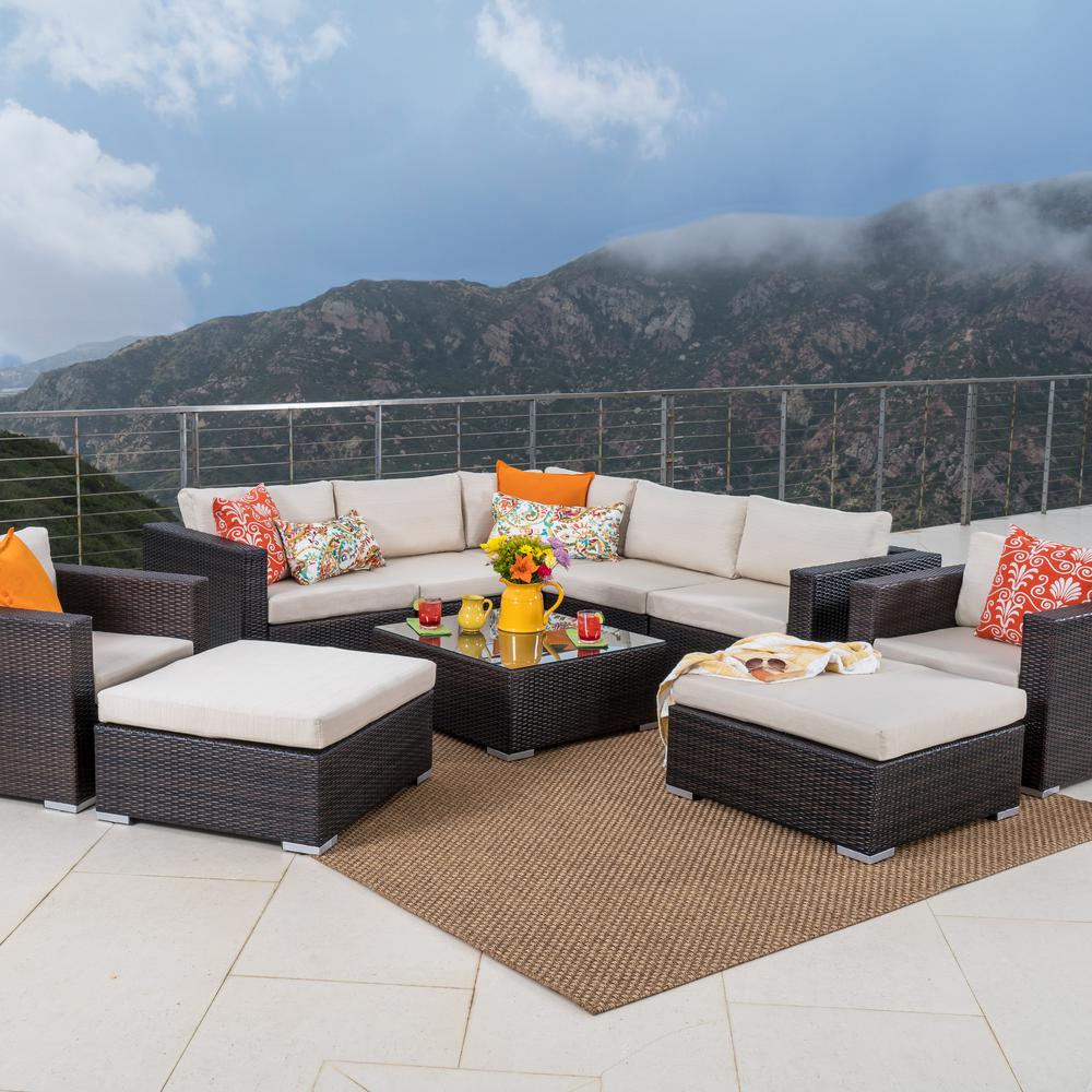 Noble House 10-Piece Wicker Patio Sectional Seating Set with Beige ...