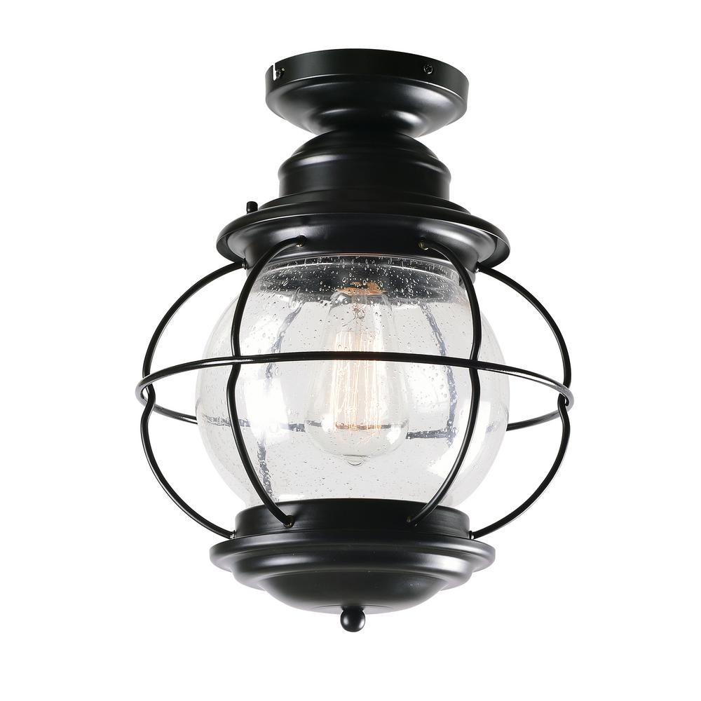 Greer 1-Light Black Outdoor Semi-Flush Mount Lantern with Caged Seeded Glass