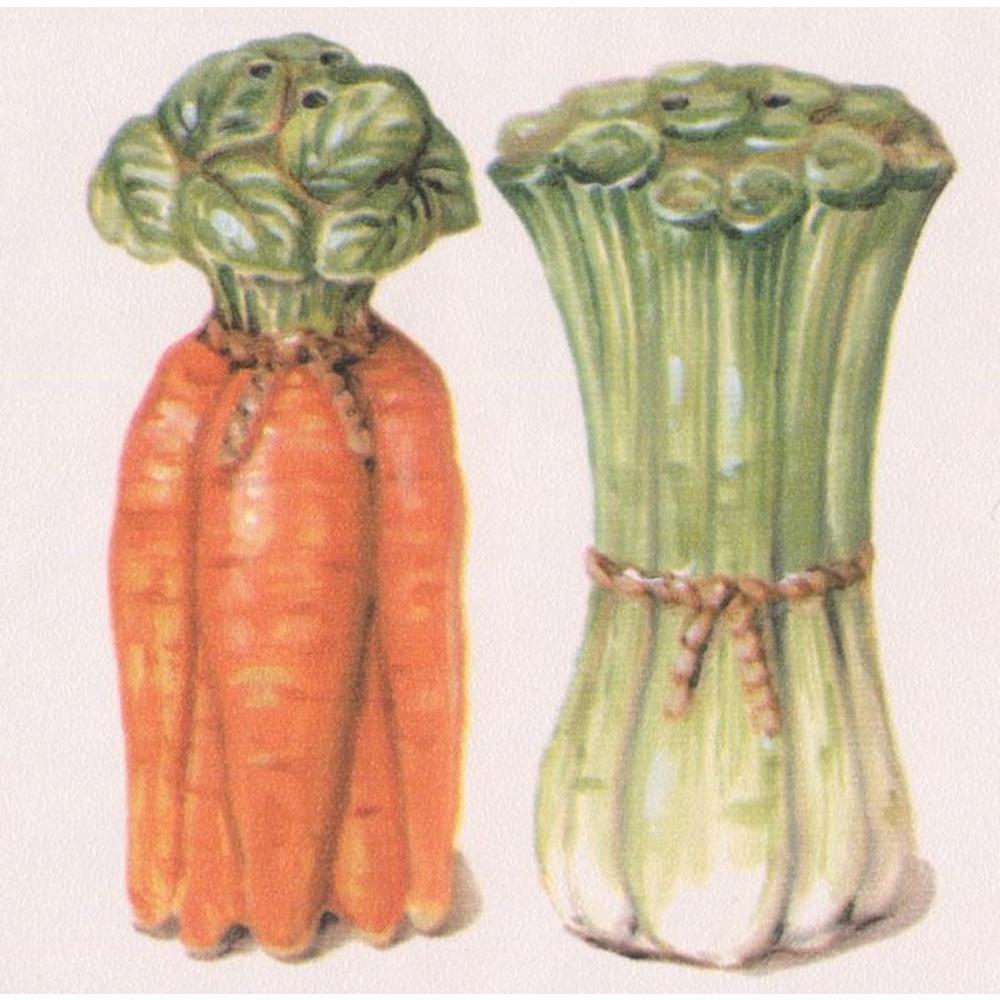 Retro Art Stylized Rooster Carrot Celery Salt Pepper Shaker Apple