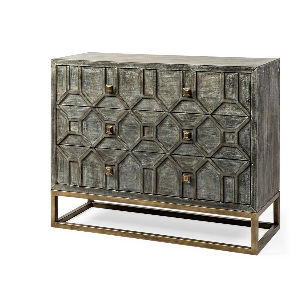 Mercana Genevieve I 39L x 15.7W x 30.9H Brown Solid Wood and Brass Three Drawer Accent Cabinet