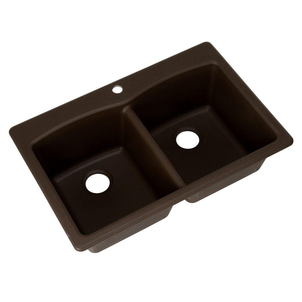 Dual Mount Composite Granite 33 In 1 Hole Double Bowl Kitchen Sink In Mocha