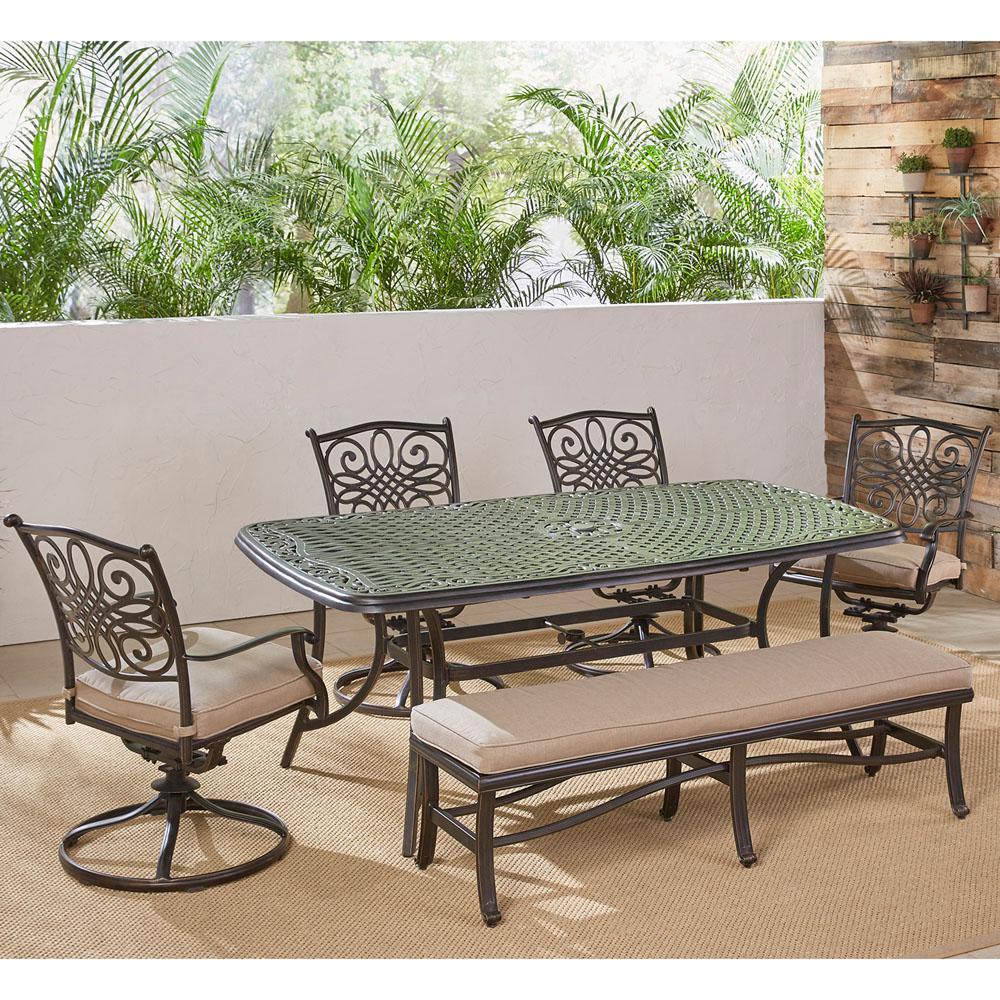 Hanover Traditions 6 Piece Aluminum Outdoor Dining Set With 4 Swivel Rockers Cushioned Bench And Tan Cushions Traddn6pcsw4bn Tan The Home Depot