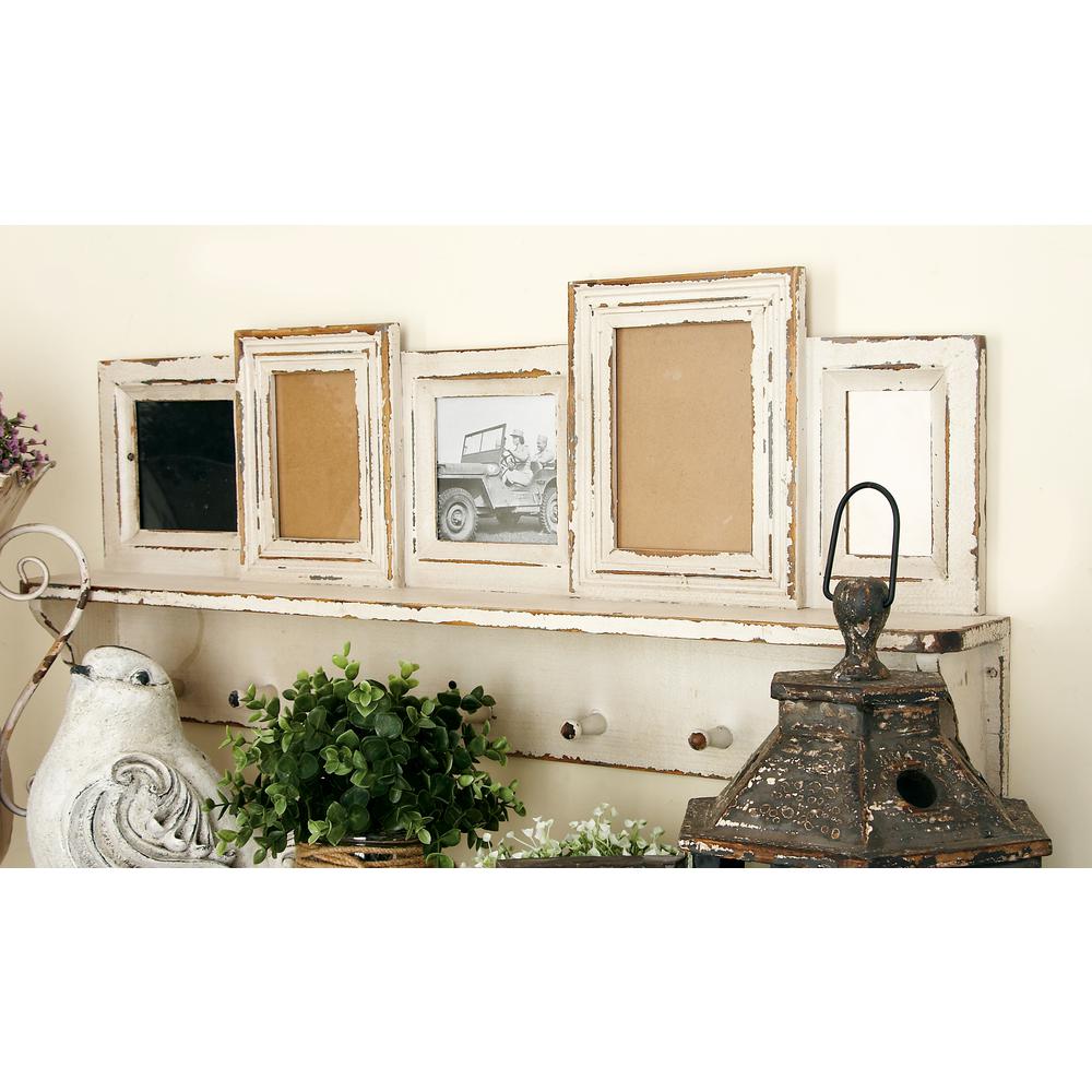 5 Openings Whitewashed Wall Shelf Picture Frame With Hooks