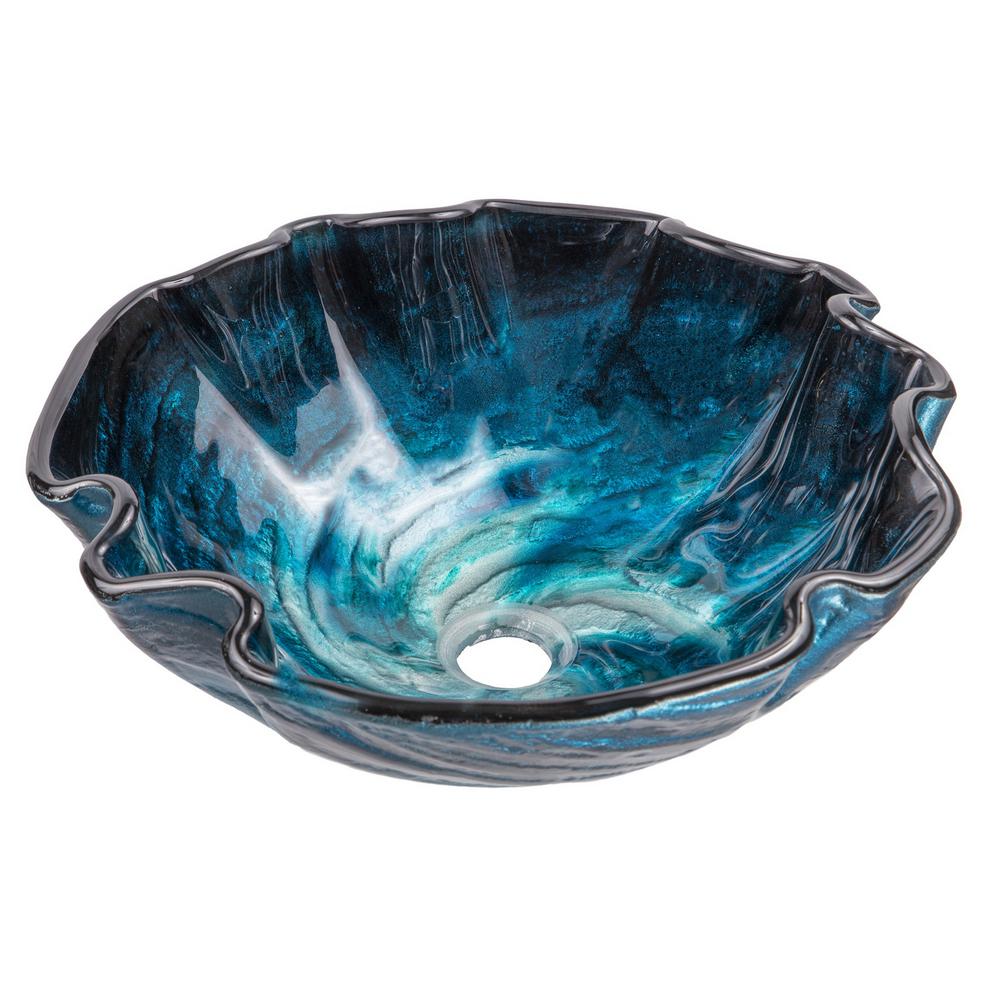Eden Bath Caribbean Wave Glass Vessel Sink In Blue With Pop Up Drain And Mounting Ring In Brushed Nickel