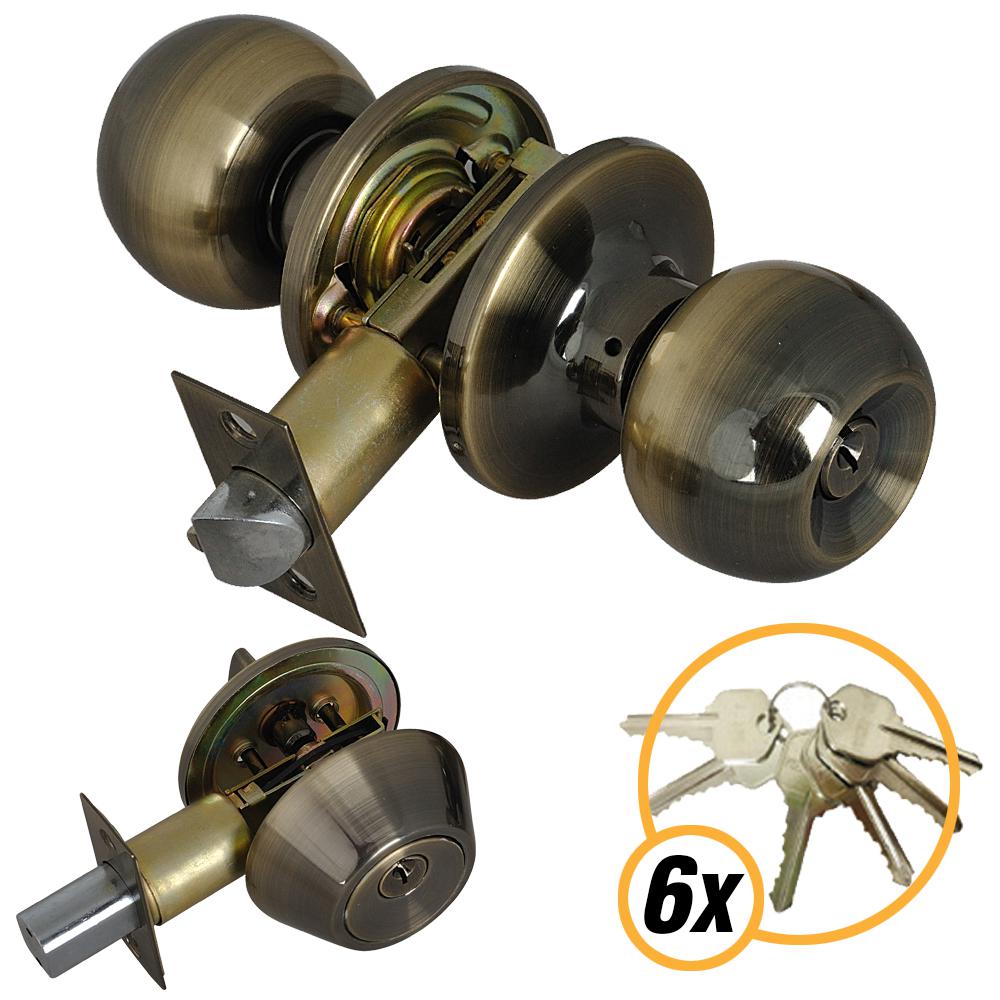 Grip Tight Tools Antique Brass Entry Door Knob Combo Lock Set With Deadbolt And 6 Keys Hded04 0951