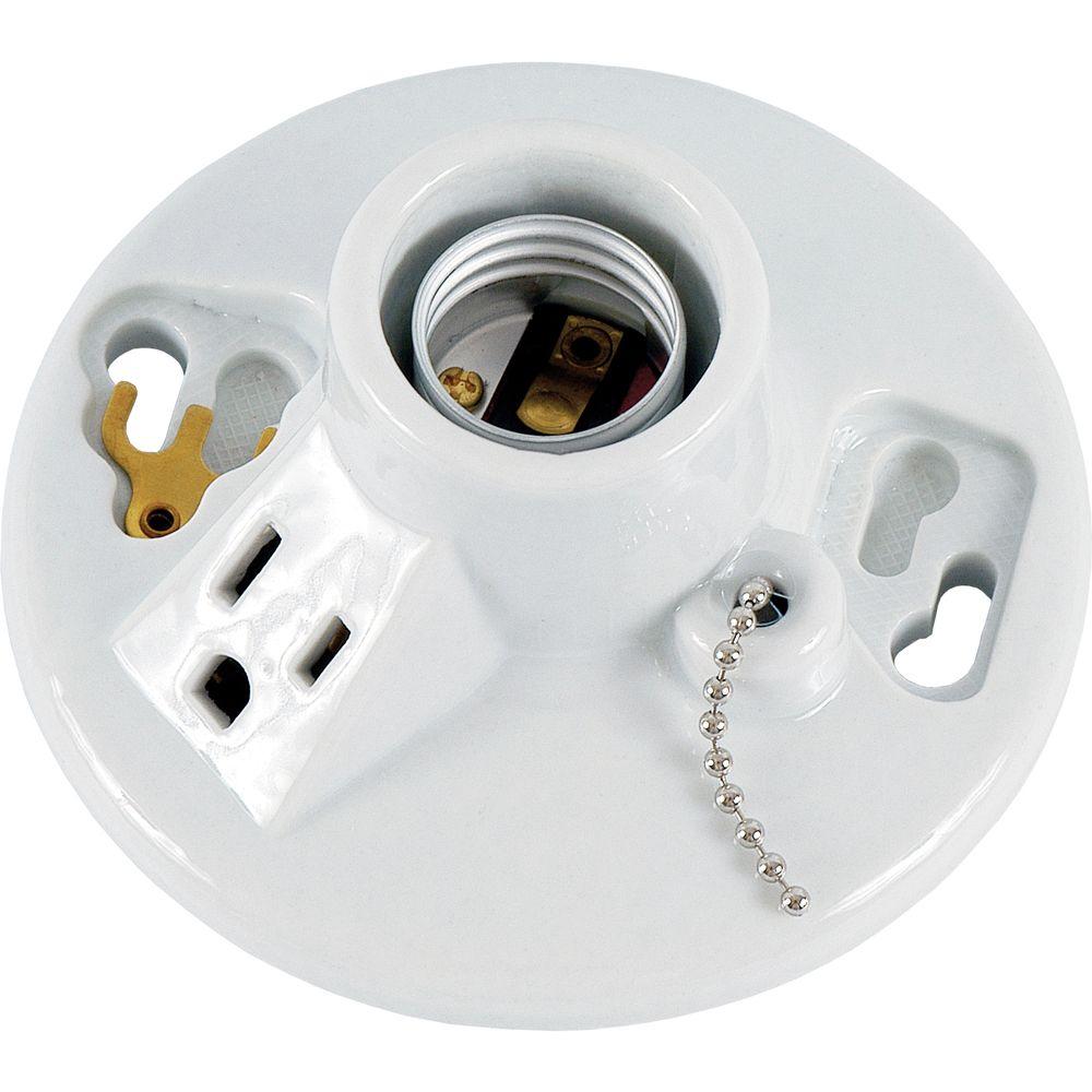 Ge Porcelain Lampholder With White Pull Chain And Grounded Outlet