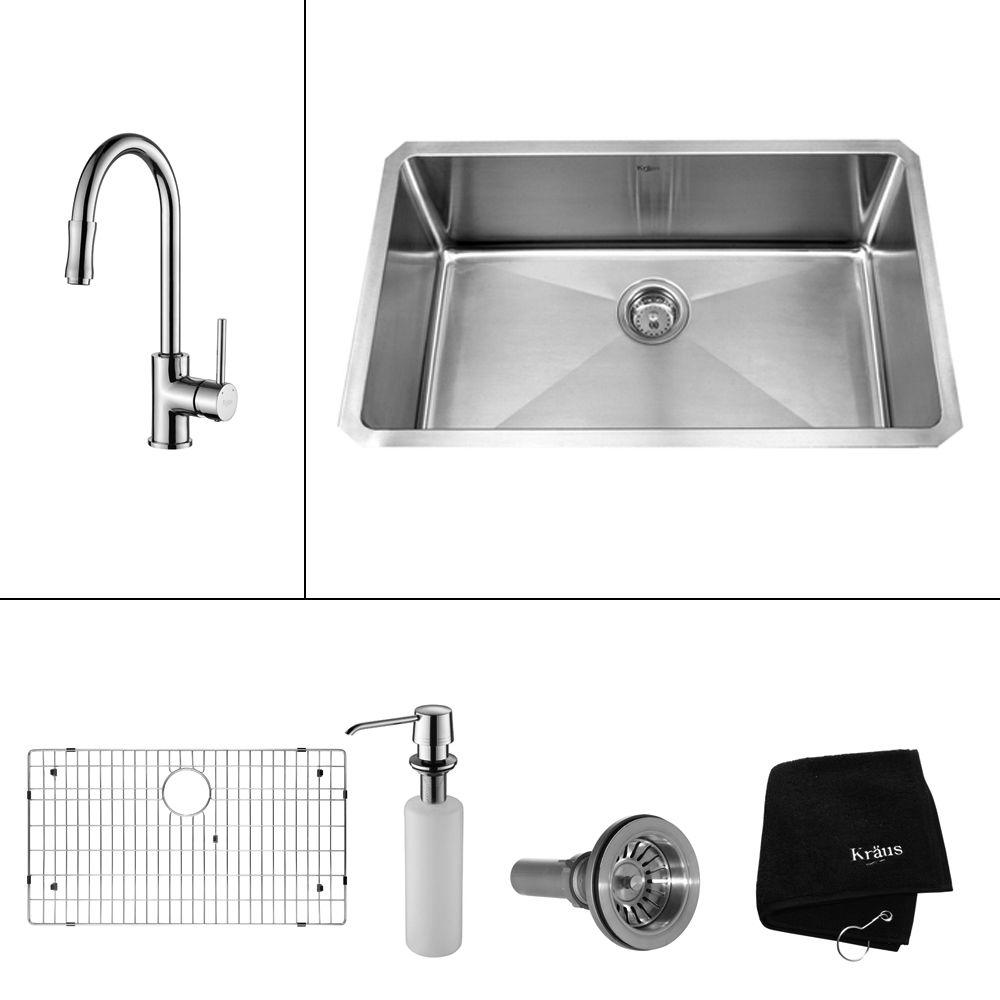 Kraus All In One Undermount Stainless Steel 30 In Single Bowl Kitchen Sink With Faucet And Accessories In Chrome